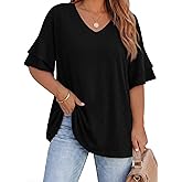 Beautife Womens Plus Size V Neck T Shirts Short Ruffle Sleeve Blouses 2026 Summer Casual Loose Fit Knit Tops