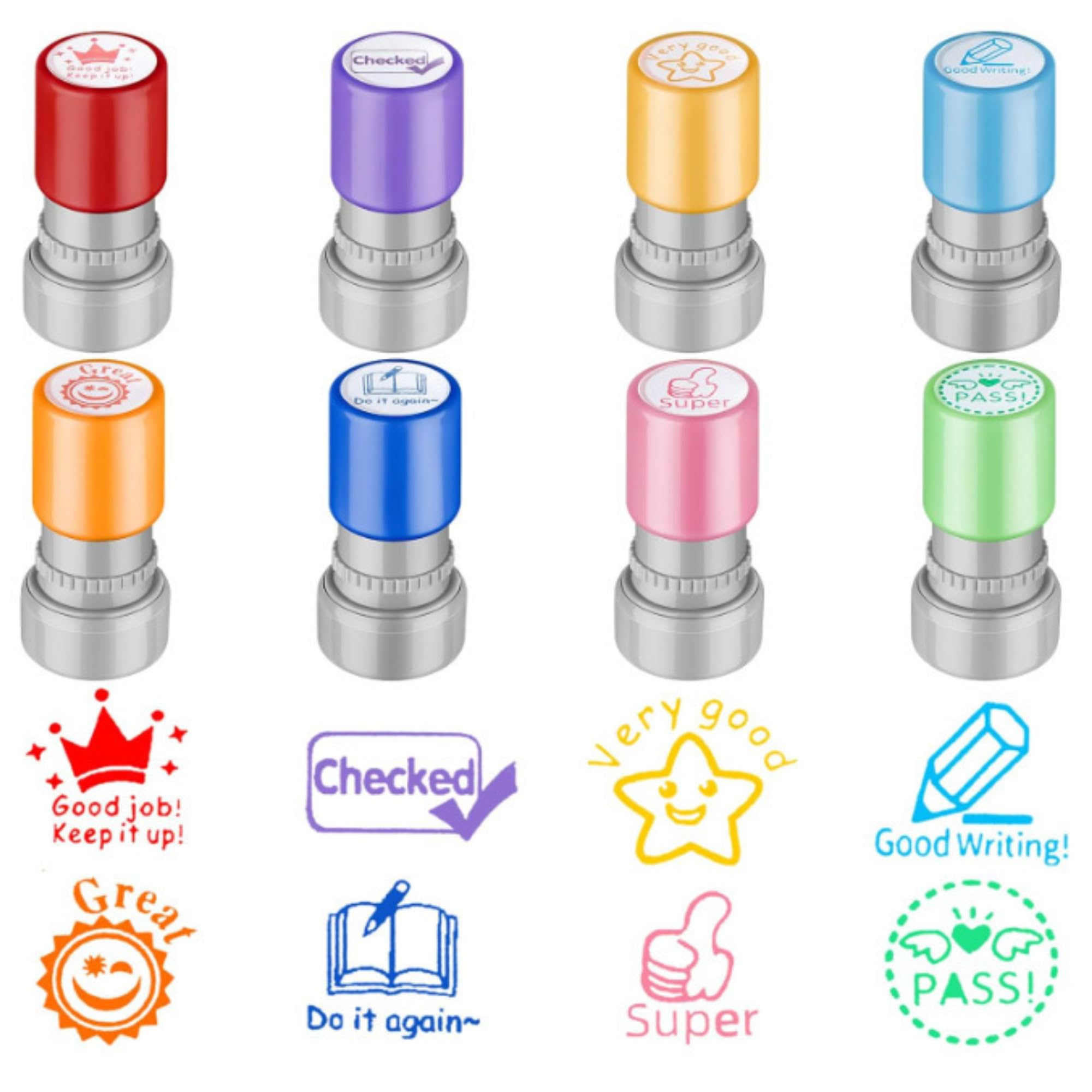 SQAQS 8PCS Teacher Reward Stamps - Photosensitive Self-Inking Stamps With Personalised Cartoon Characters - Gift for Students, Set C