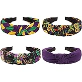 Budsmile 4PCS Mardi Gras Headbands for Women Girls Crown Fleur De Lis Mask Knotted Wide Headbands Purple Plaid Hair Hoop Hair Band Carnival Mardi Gras Outfits Accessories
