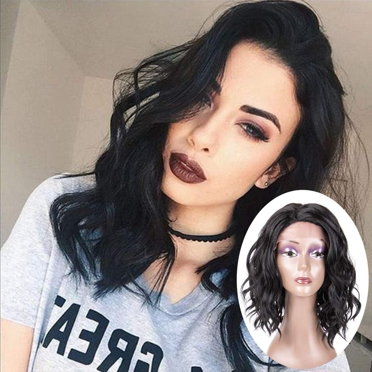 Creamily 14” Black Wavy Lace Front Wigs Synthetic Shoulder Length #1B Bob Hair Natural Looking Heat Resistant Full Replacement Wig