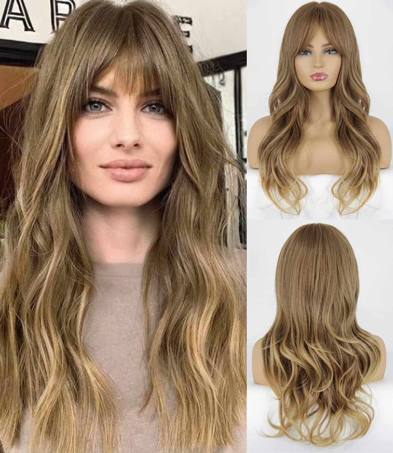 Juziviee 26 inch Highlight Brown Blonde Wig Long Wavy Bangs Wig Synthetic Natural Hair Wigs for Women VK012