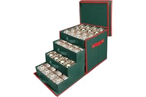 WDZREE Premium Large Christmas Ornament Storage,Box with Side Open, Drawer Style Trays - 3" Compartment, 4 Trays, Keeps 64 Ho