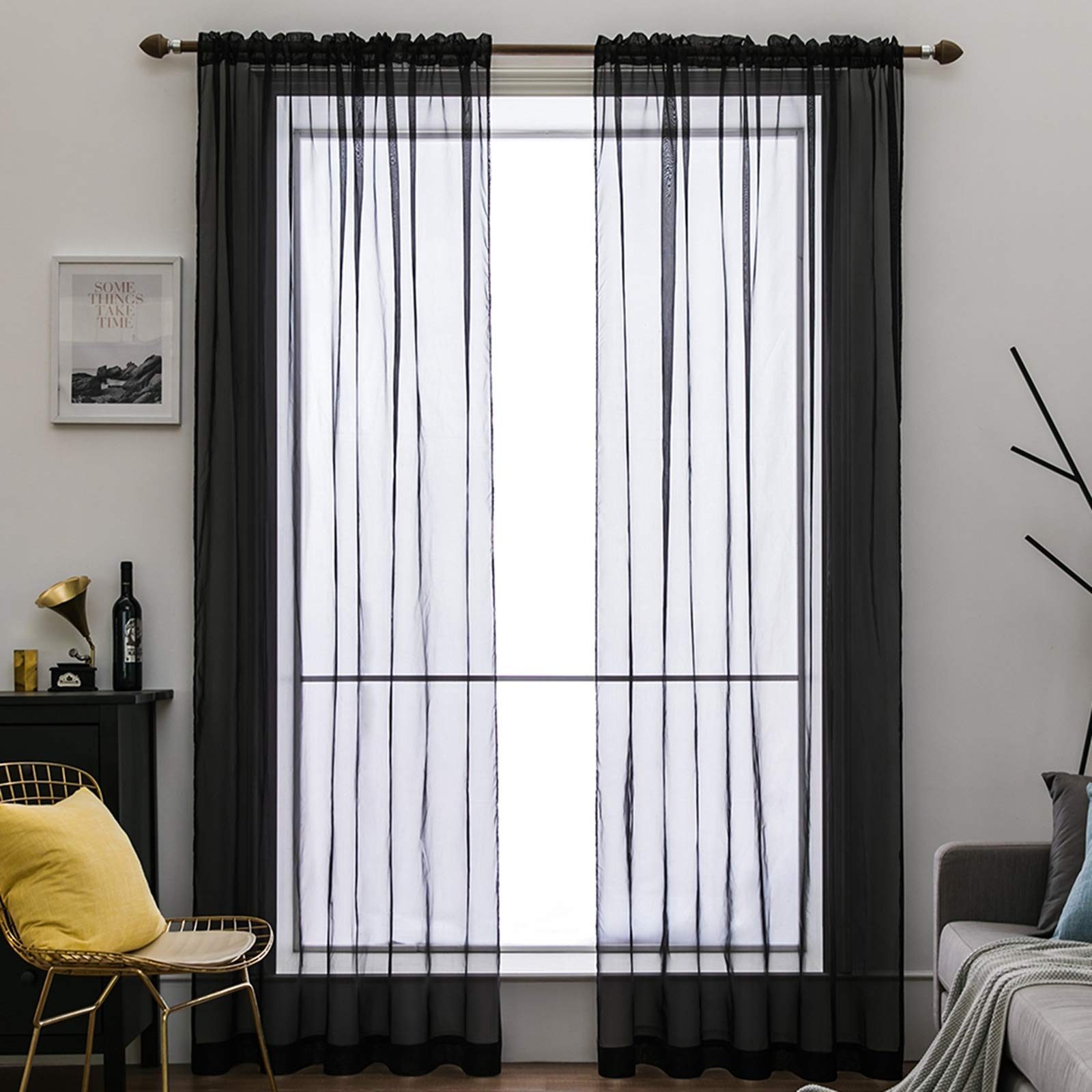 MIULEE 2 Panels Solid Color Sheer Window Curtains Smooth Elegant Window Voile Panels/Drapes/Treatment for Bedroom Living Room Black 55" Wx102 L, Rod Pocket — image 1