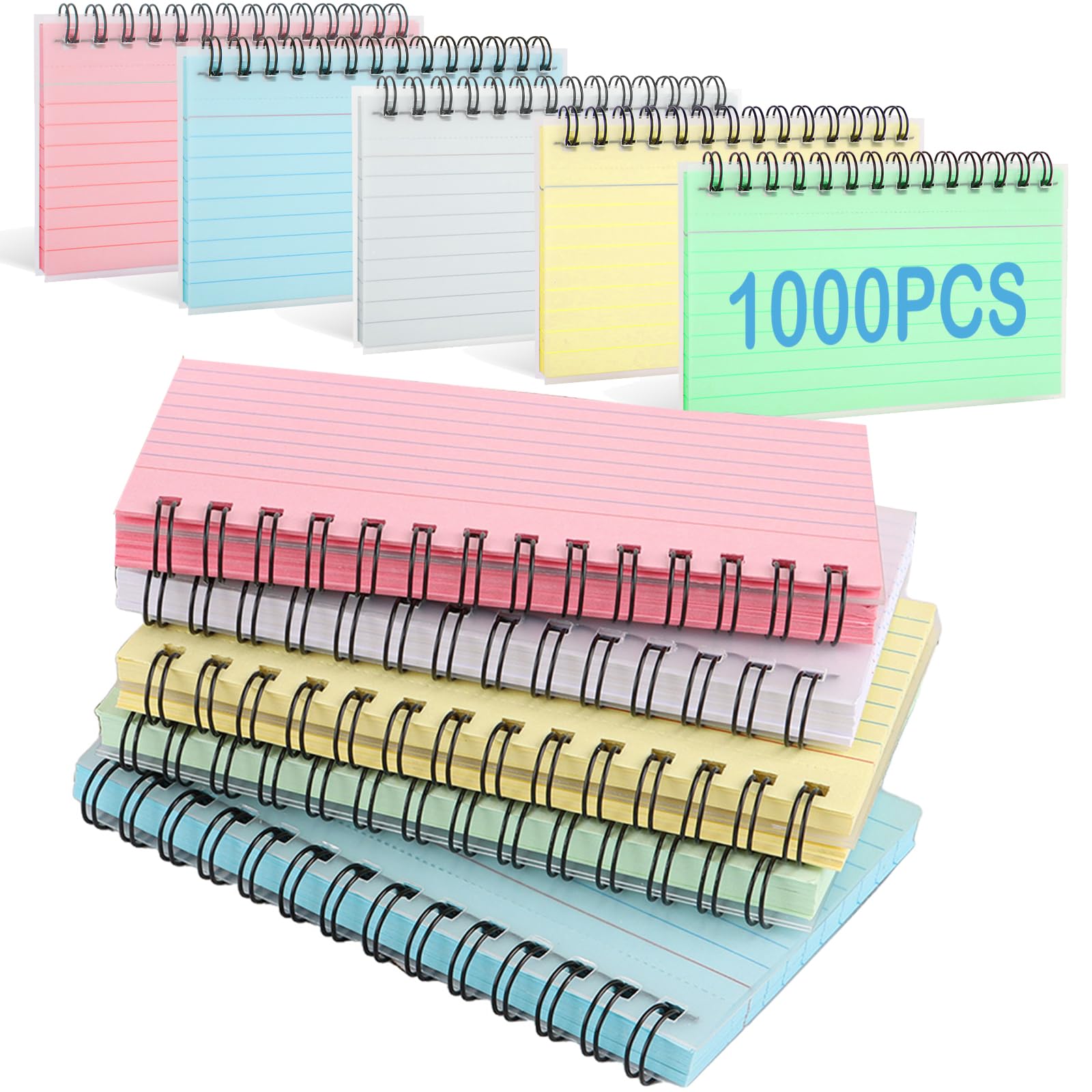 DAJAVE 20 Pack Flash Cards 1000 Sheets Revision Cards Spiral Bound Flashcards for Revision Index Card 5 Colors Lined Study Cue Card for School, Office and Home (5x3 inch)