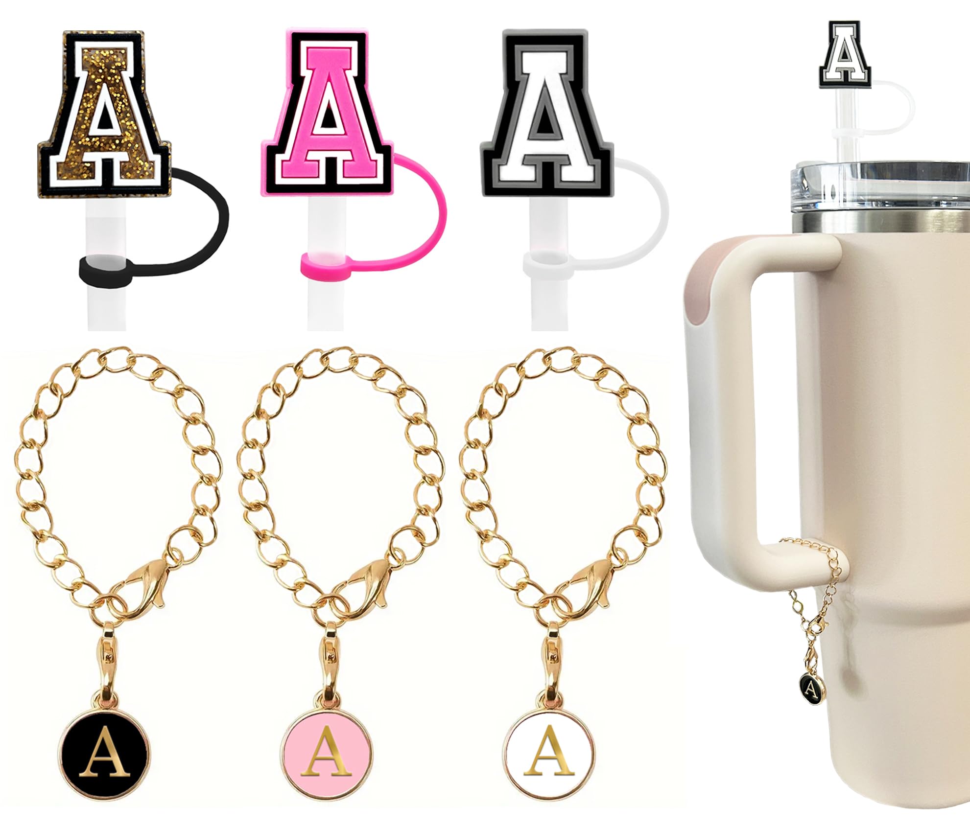 Photo 1 of ?3 +3) 3PCS Nuozme Straw Cover 10mm For Stanley Tumbler Cup Reusable Straw Cap Topper with 3 Initial Letter Charms Accessories Name ID Personalized Handle Charm For Stanley 30&40 Oz Cup Tumbler