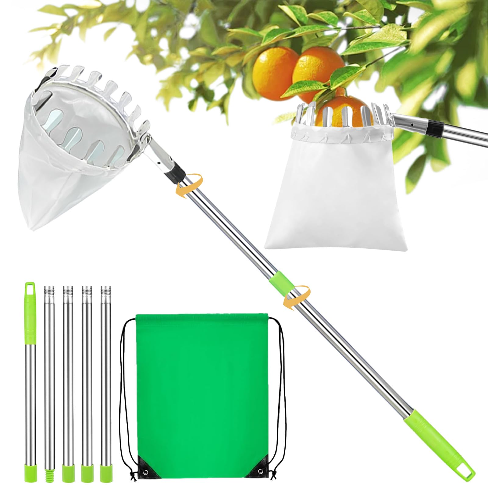 JWDMHSJ Fruit Picker Diameter 16 cm, 2.2 m Apple Picker Fruit Picker with Telescopic Handle with Lightweight Stainless Steel Telescopic Post and Cotton Bag, for Harvesting Apple Citrus Pears etc