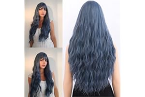 Netgo Blue Wigs, Long Curly Wig with Bangs for Women, Natural Looking Heat Resistant Long Mix Blue Wavy Wig for Girls Ladies Cosplay Party Daily Wear