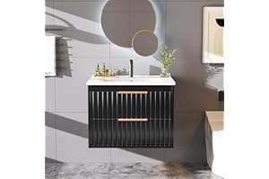 Buytime 24" Bathroom Vanity with Sink, Floating Vanity Bathroom Sink Cabinet Wall Mount, Soft-Close Function 2 Large Drawers, Grooved Stripe Design, Hidden Damping Drawers, Black