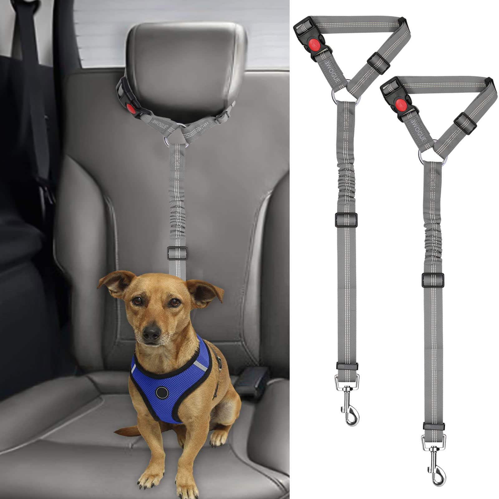 BWOGUE 2 Packs Dog Cat Safety Seat Belt Strap Car Headrest Restraint Adjustable Nylon Fabric Dog Restraints Vehicle Seatbelts Harness Grey Elastic Bungee — image 1