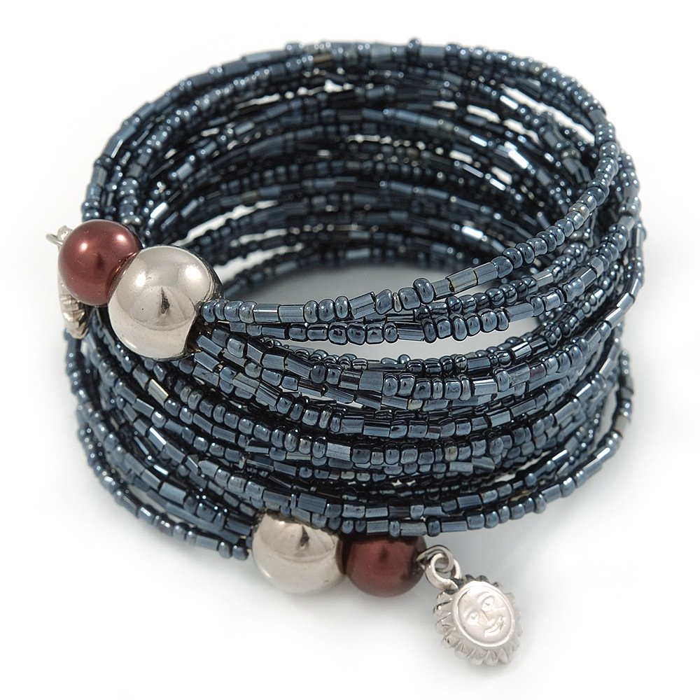 Avalaya Multistrand Hematite Glass Bead Wrap Flex Bracelet - 19cm L