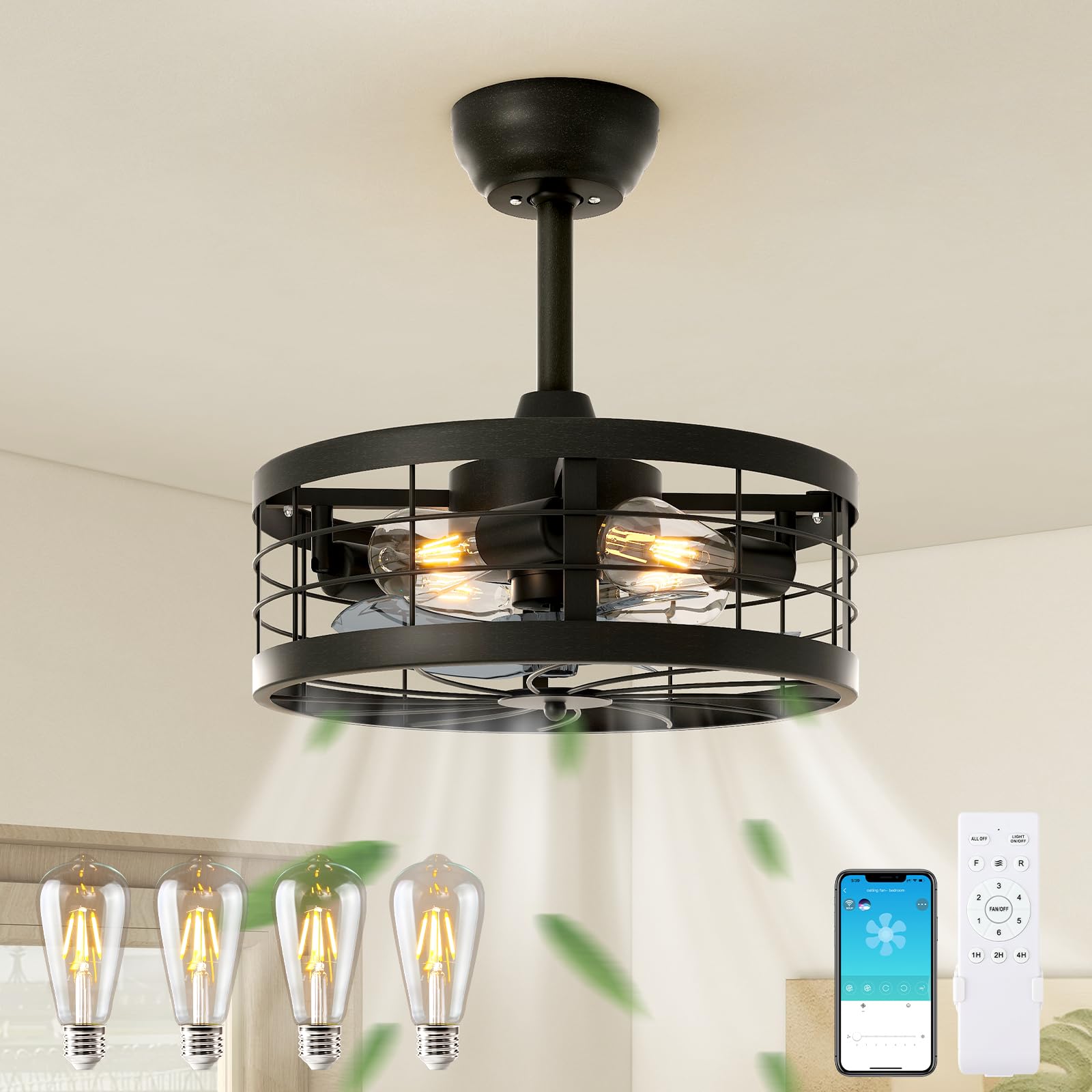 Photo 1 of VOLISUN Caged Ceiling Fan with Light,16.5in Black Fandelier Ceiling Fan with Light and Remote,Farmhouse Bladeless Ceiling Fan Lights Fixtures for Kitchen,Bedroom(4 * 2700K Bulbs Included)