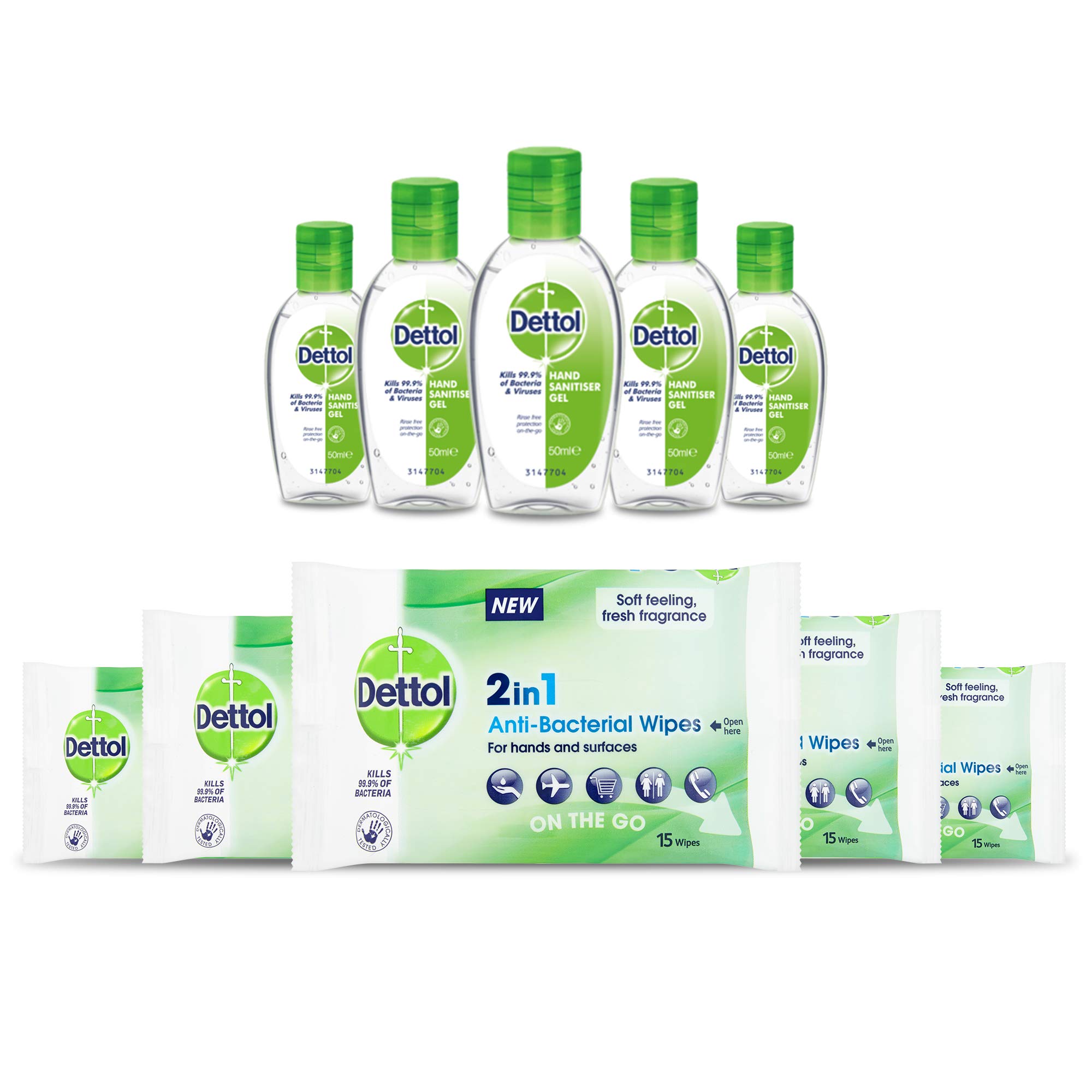 Dettol - Hand Sanitiser Gel -50ml x 5 & Dettol - 2in1 Anti-Bacterial Wipes - 15 Wipes x 5