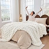 Jeyfull Fluffy Blanket for Couch Soft Luxury Faux Rabbit Fur Throw Cozy Fuzzy Plush Bubble Blanket Thick Warm Decorative Throw for Bed, Sofa (Queen Size 90''x90'', Cream White)