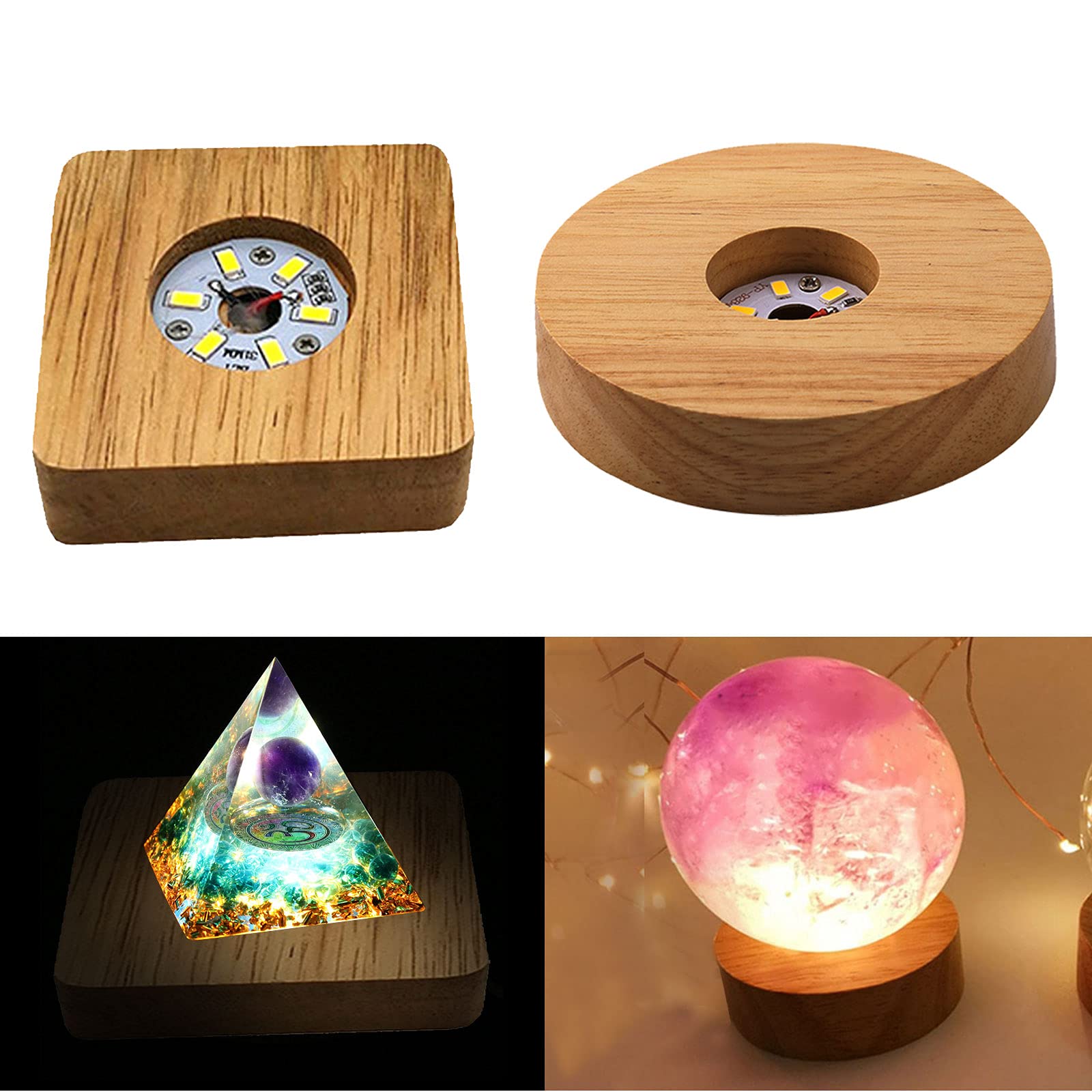 CDIYTOOL LED Lights Display Base, Wood LED Display Base for Crystals Glass Art, 4 Inch Warm/Multiple colour Lighted (2 Pack, Warm Color + 7 Colors) (ROUND + SQUARE)