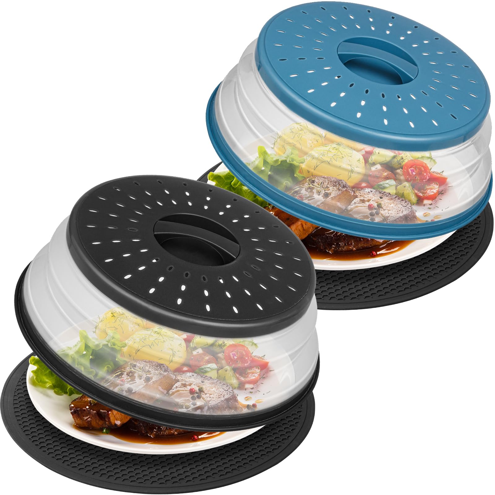 Photo 1 of 4 in 1,WENWELL 2 Microwave Splatter Cover & 2 Mat,Cooking Splash Guard with Handle,Kitchen dish bowl Plate Proof Food lid & Silicone Round mat,Home Apartment Essential