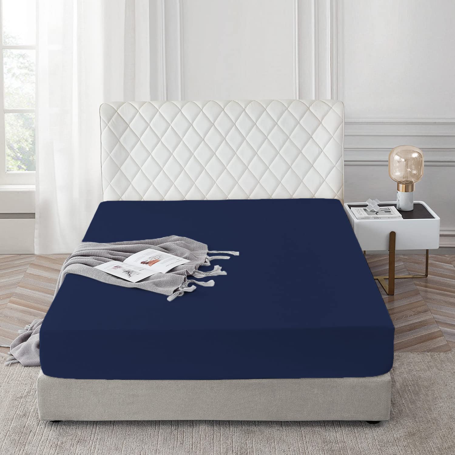 AR Ware Fitted Sheet Single Bed 100% Egyptian Cotton 300 TC, Soft and Fade Resistant - Hotel Quality 30cm Deep Pocket Bed Sheets (92 x 190 cm, Navy) — image 1