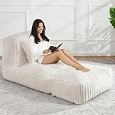 Giant Bean Bag Lounger Sofa with Pillow, Large Beanbag Chair for Adults, Oversized Comfy Beanbag Lazy Floor Sofa, Bean Bag Couch with Memory Foam Filled for Living Room, Bedroom, White