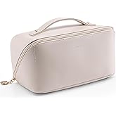 Vlando Travel Makeup Bag,Gifts for Women Large Capacity Toiletry Bag for Women Wide Open Cosmetic Organizer with Divider and Handle(White)