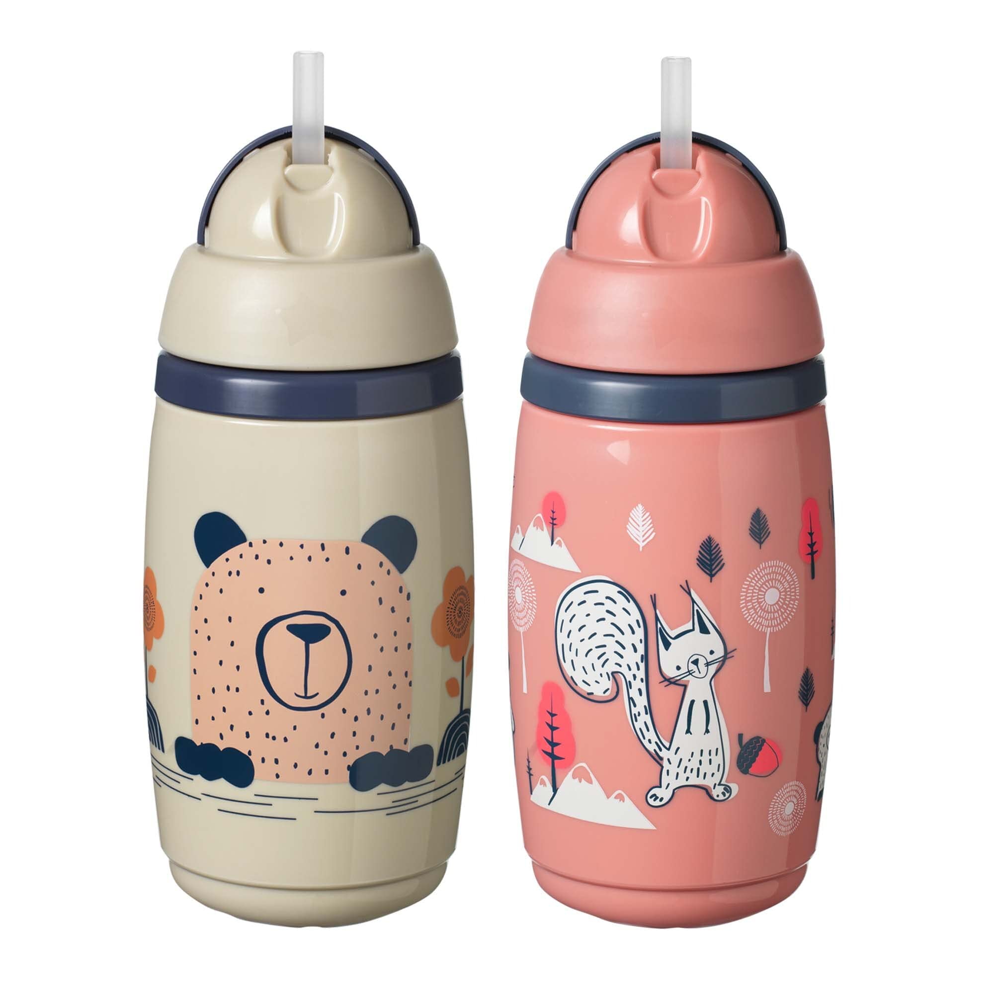 Tommee Tippee Insulated Straw Bottle, 266ml, for Toddlers 12m+, 2 Pack, Pink and Grey, Spill Proof Toddler Water Bottle, Flip Lid Helps Keep Straw Clean, Leak-Proof and BPA Free