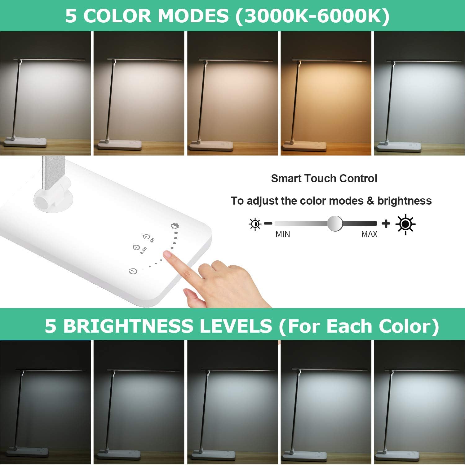 LED Desk Lamp - YIIMER Rechargeable Office Desk Lamp with USB Charging Port, Eye-Caring Table Lamp with 5 Color Modes and 5 Brightness Levels, Touch/Timer/Memory Function Light for Reading, Working: Home Improvement