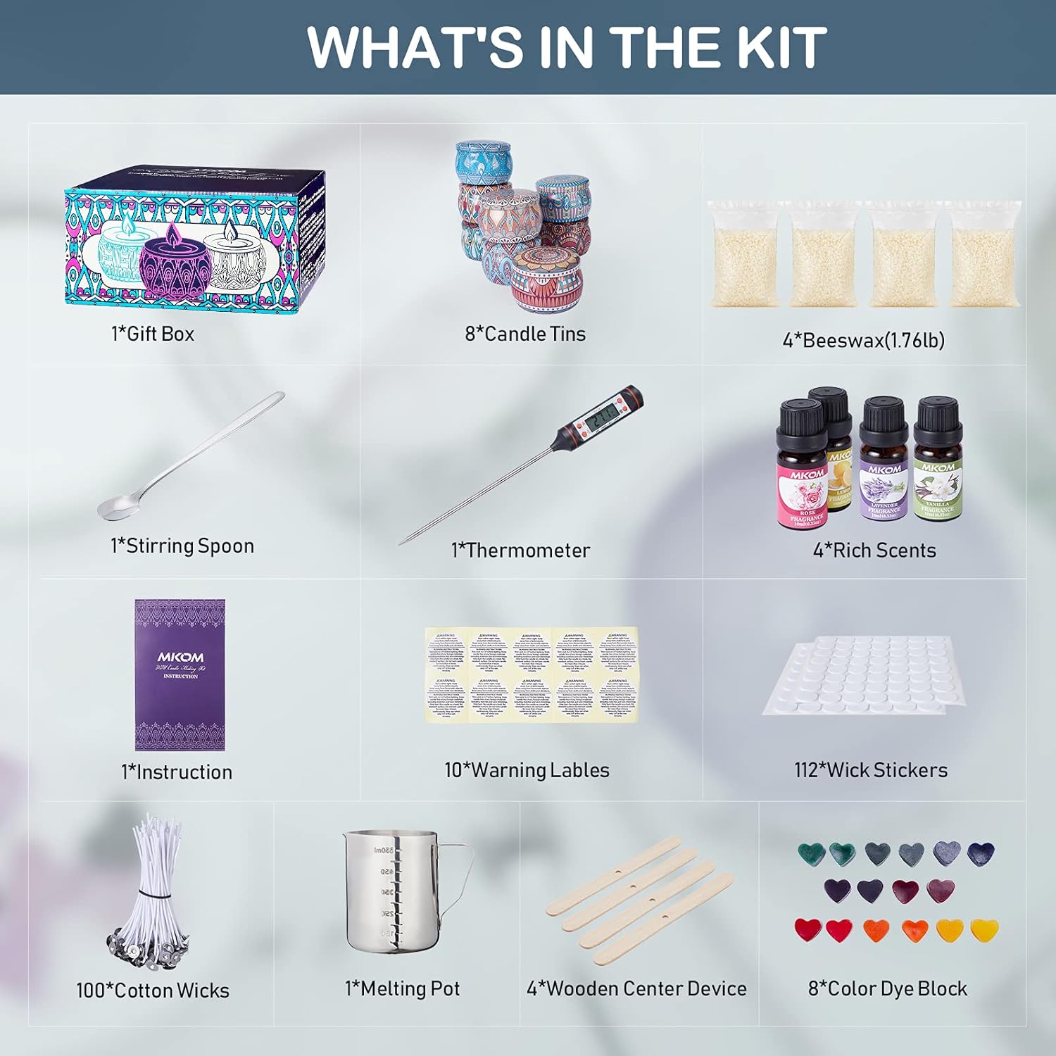 Candle Making Kit, DIY Scented Candle Making Kit, Candle Making Supplies Set Including Melting Pot, Beeswax, Dyes, 4 Scents, Wicks, 8 Candle Tins