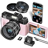 VJIANGER 2025 Upgrade 6K Digital Camera for Photography 64MP Vlogging Camera for YouTube with WiFi, 180°Flip Screen, 16X Digital Zoom, 52mm Lens, 32GB Micro SD Card, 2 Batteries(Pink)