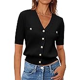 Zenlonr Women's 2025 Summer Button Down Shirts Casual Short Sleeve Blouse Tops V Neck Ribbed Knit Cardigans