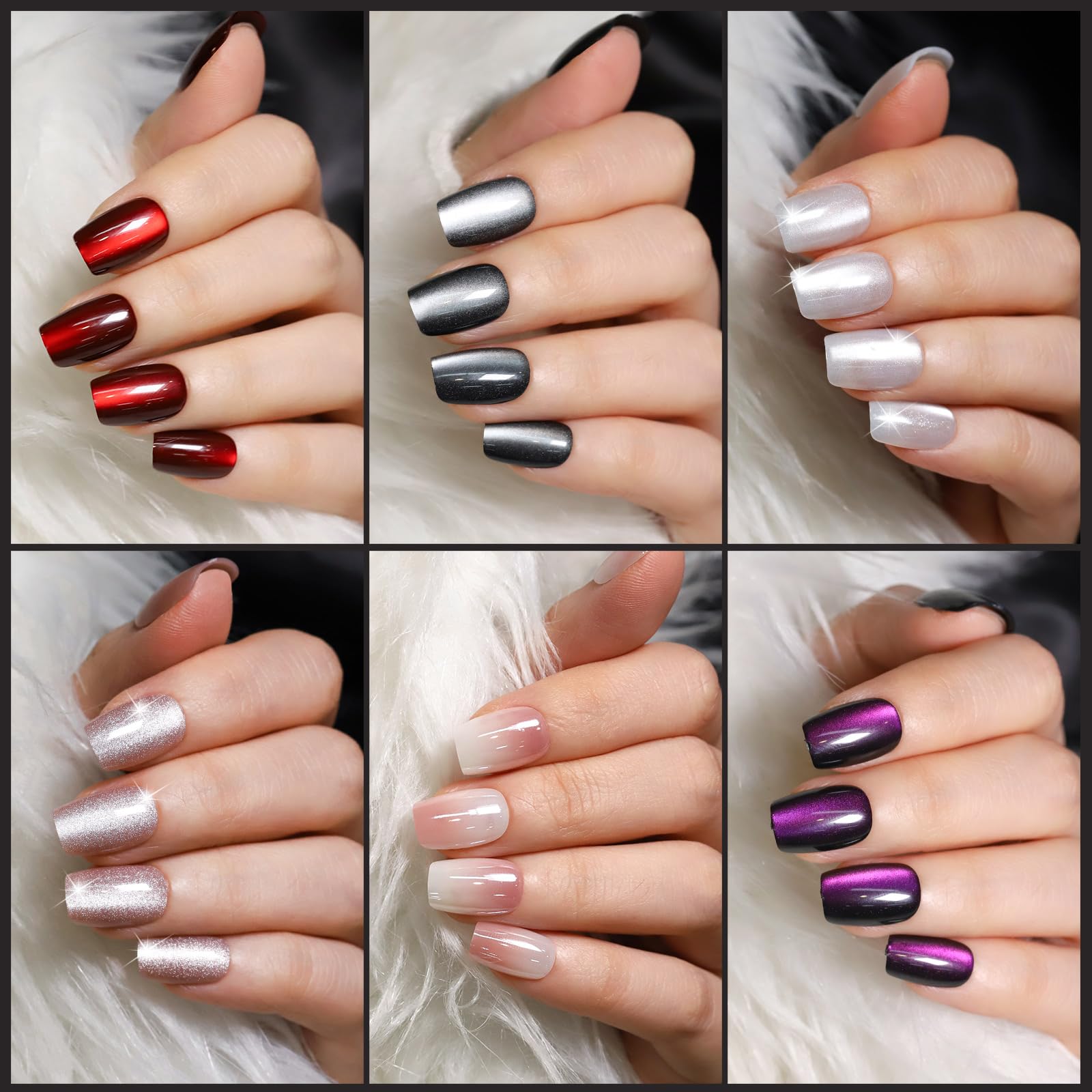 FANDAMEI Cat Eye Press On Nails, 6 Colors Press On Nails Short Square, Natural Fake Nails Fine Diamond Shine, Glossy Ombre, Cat Eye Press on Nails for Women with Salon Quality, Press on Nails Kit - Image 7