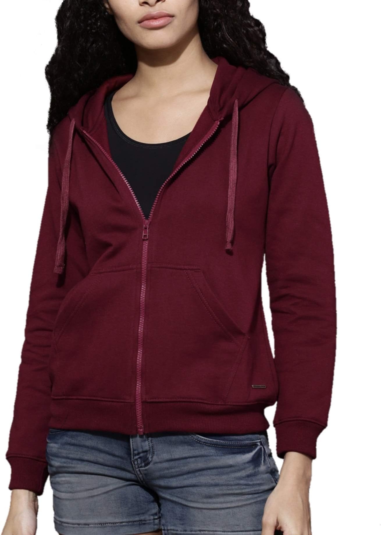 FashMind Solid Maroon Zipper Hoodies Sweatshirt for Women