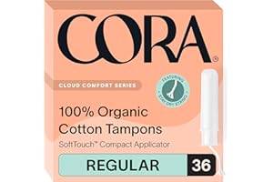 Cora Organic Applicator Tampons | Regular Absorbency | 100% Organic Cotton, Unscented, BPA-Free Compact Applicator | Leak Protection | Packaging May Vary | 36 Total