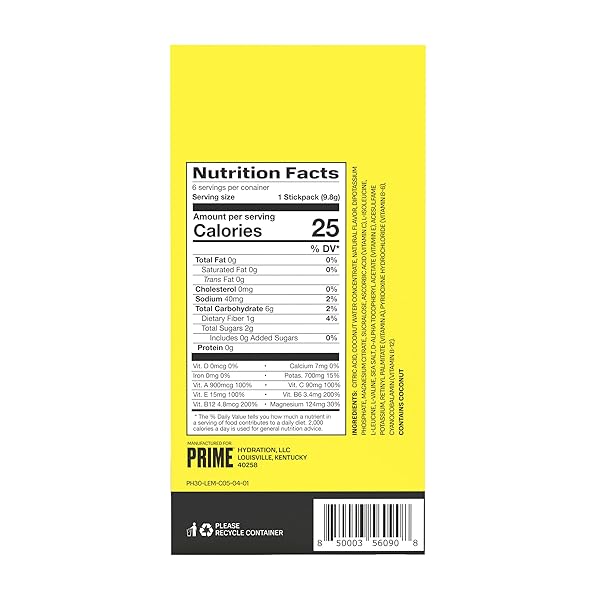 PRIME HYDRATION+ STICKS LEMONADE | HYDRATION POWDER SINGLE SERVE STICKS | ELECTROLYTE POWDER ON THE GO | LOW SUGAR | CAFFEINE-FREE | VEGAN | 6 STICKS