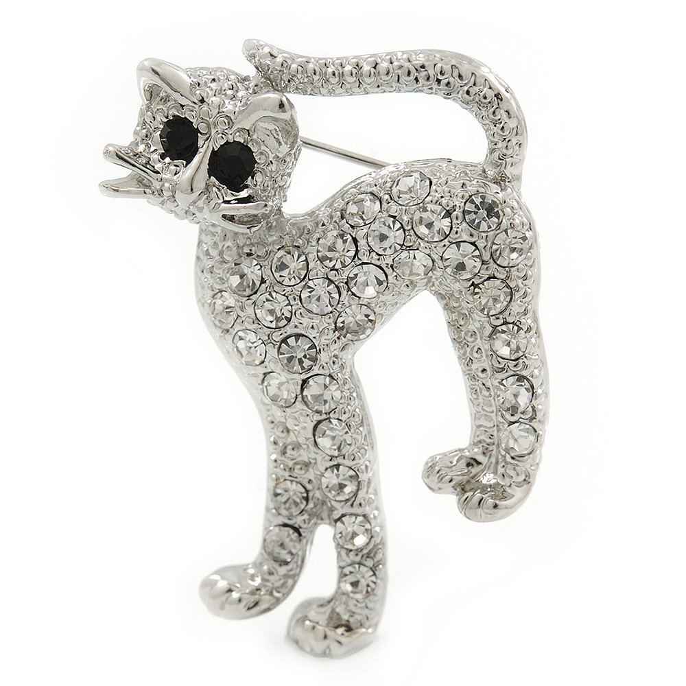 Adorable Diamante 'Cat' Brooch In Rhodium Plating - 4cm Length
