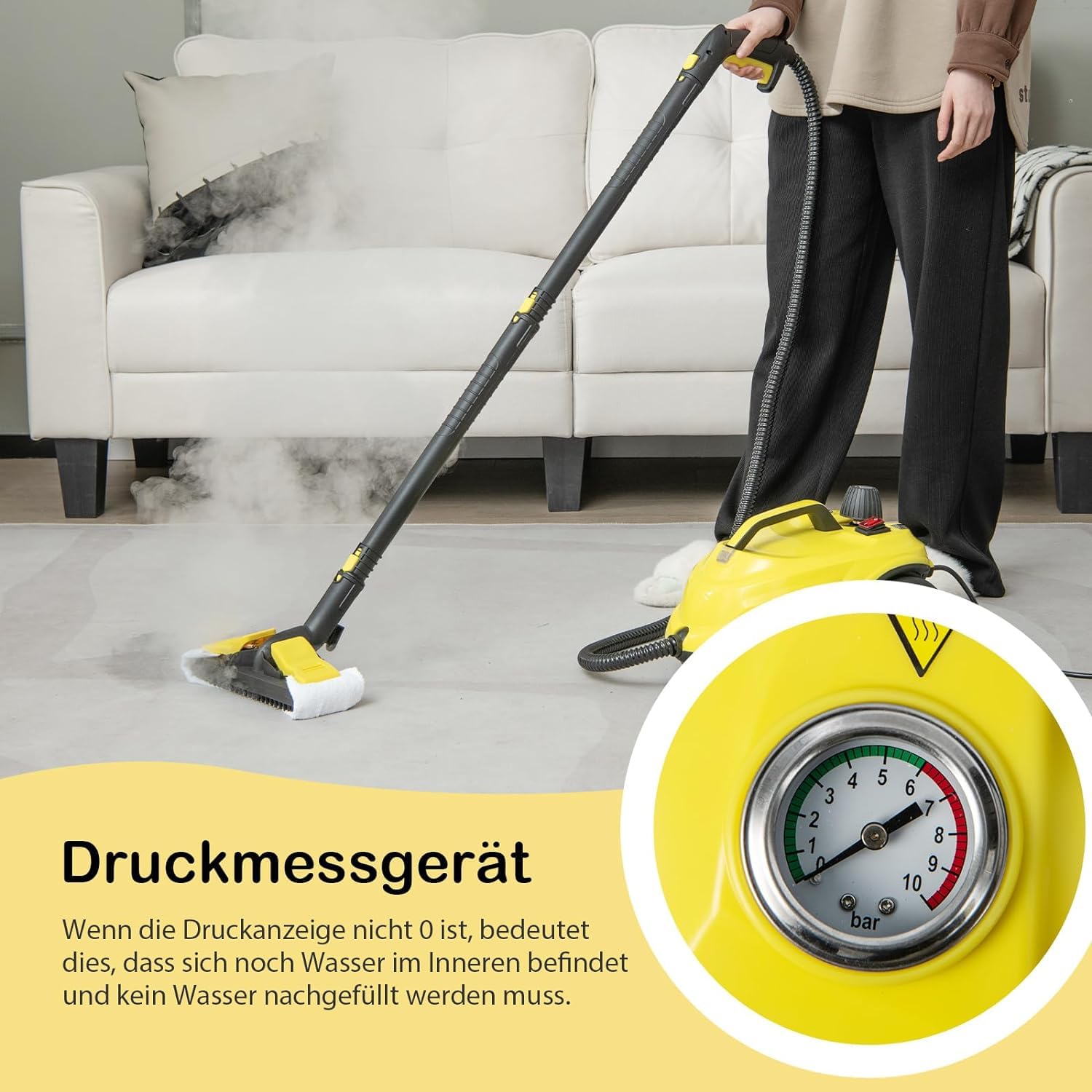 RELAX4LIFE Dampfreiniger 2000W, Dampfdruck: 5 bar, Tank: 1,8 L, Temperatur bis zu 160℃, Aufheizzeit: 8 min., Flächenleistung: 108 m², Steam Cleaner inkl. 13 Zubehör für Boden, Teppich, Fenster (Gelb) 7