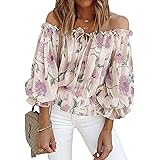 BLENCOT Women's 3/4 Ruffle Sleeve Off Shoulder Chiffon Blouse Summer Floral Print Casual T Shirts