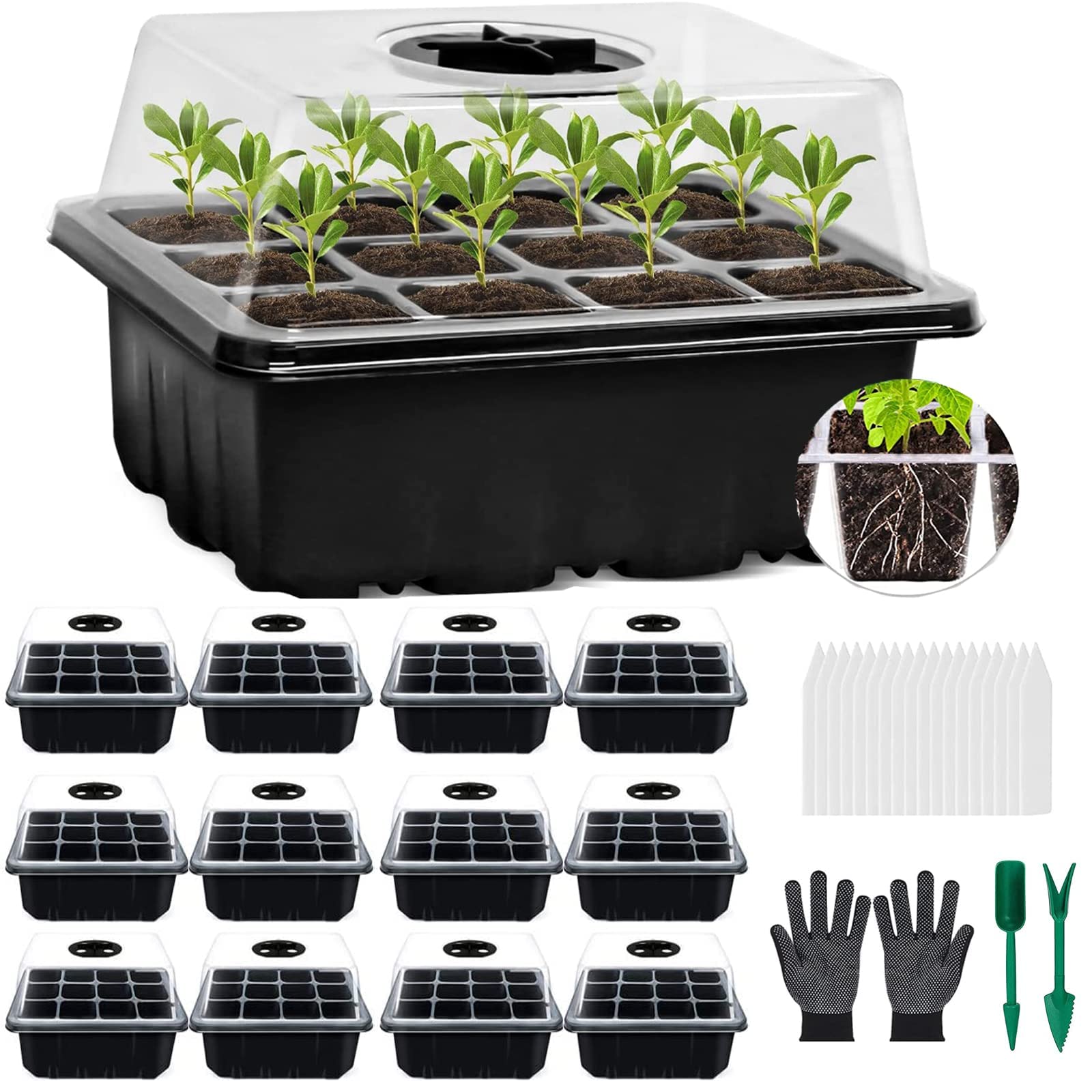VDYXEW 2 Pack Seed Trays, Automatic Bottom-Heated Propagator - Reusable Propagators for plants with Heightened Lids, Propagation Station Germination Tray for Seedlings (12Pack Black)