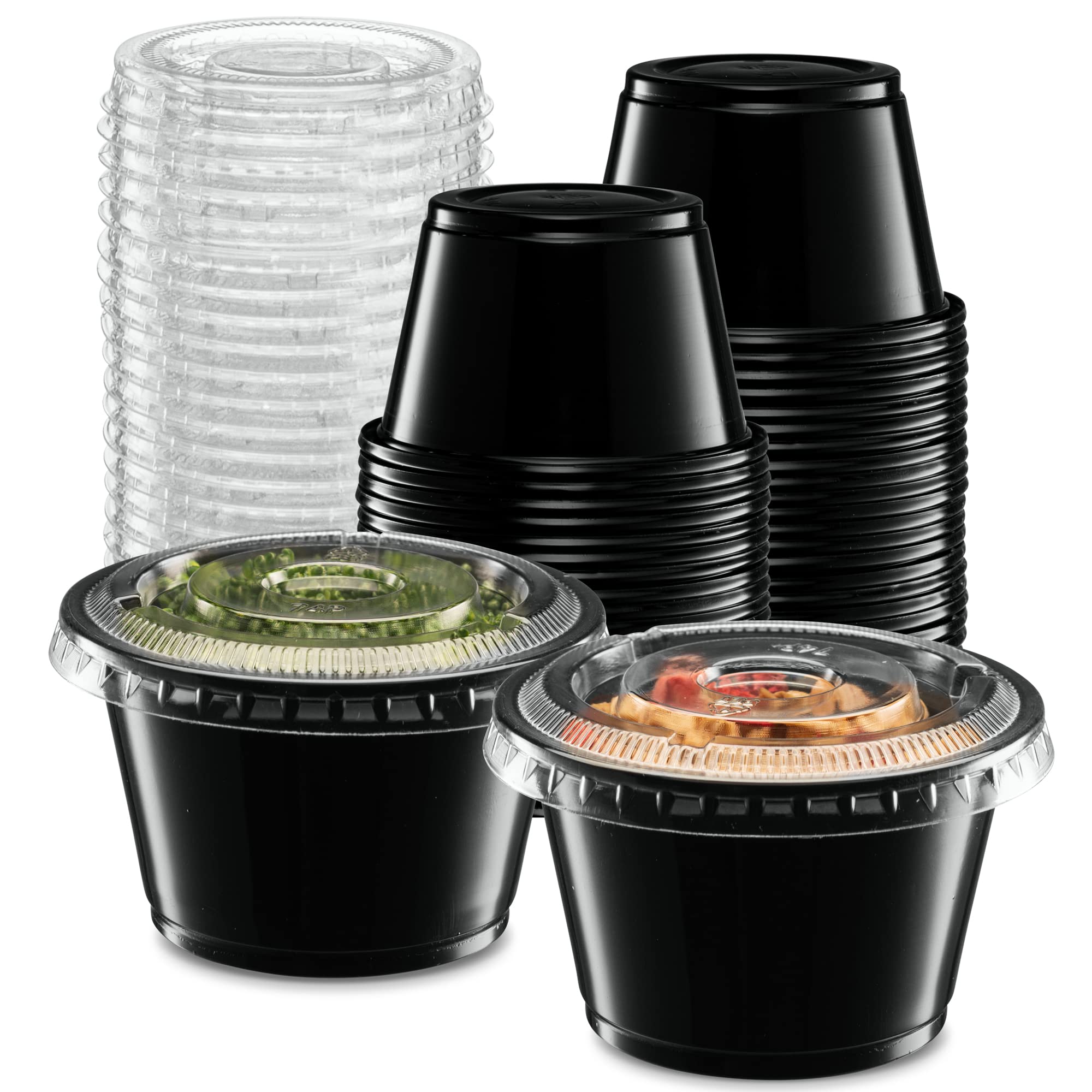 Photo 1 of (4 oz - 100 Sets) Black Diposable Plastic Portion Cups With Lids, Small Mini Containers For Portion Controll, Jello Shots, Meal Prep, Sauce Cups, Condiments, Medicine, Dressings,