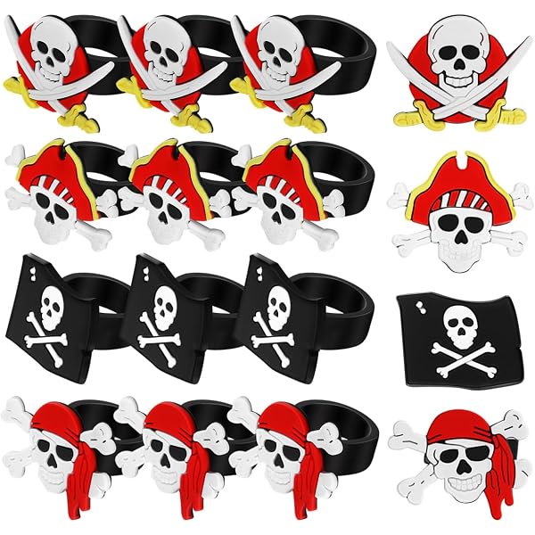 16 Pcs Pirate Themed PVC Rubber Rings - Fun Cartoon Party Finger Rings For Pirate Party Favors, Decorations, Kids