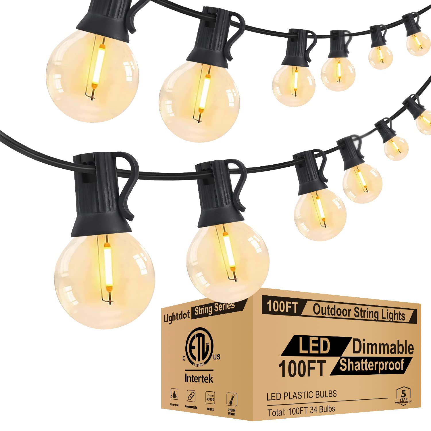 Photo 1 of Lightdot 100FT Outdoor Led Patio Lights, ETL Listed Led String Lights with Shatterproof Edison Vitage Bulbs, Commercial Grade Hanging Light for Patio Cafe Bistro Backyard