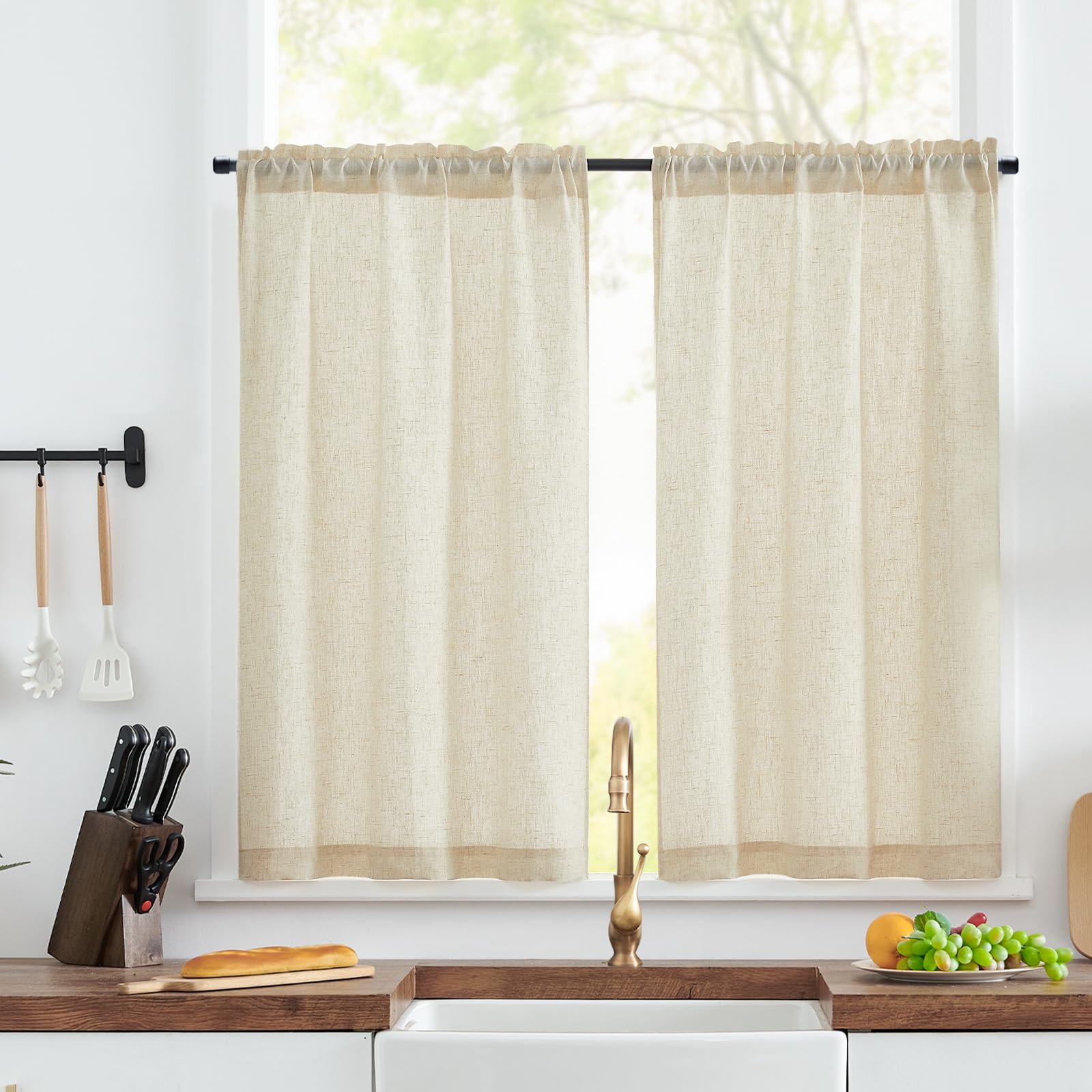 TOPICK Linen Blend Kitchen Curtains, 45 Inch Drop Small Cafe Curtains, Solid Pattern Light Filtering Short Curtain Tiers for Bathroom Sink Cupboard Bedroom, Rod Pocket 2 Panels Crude