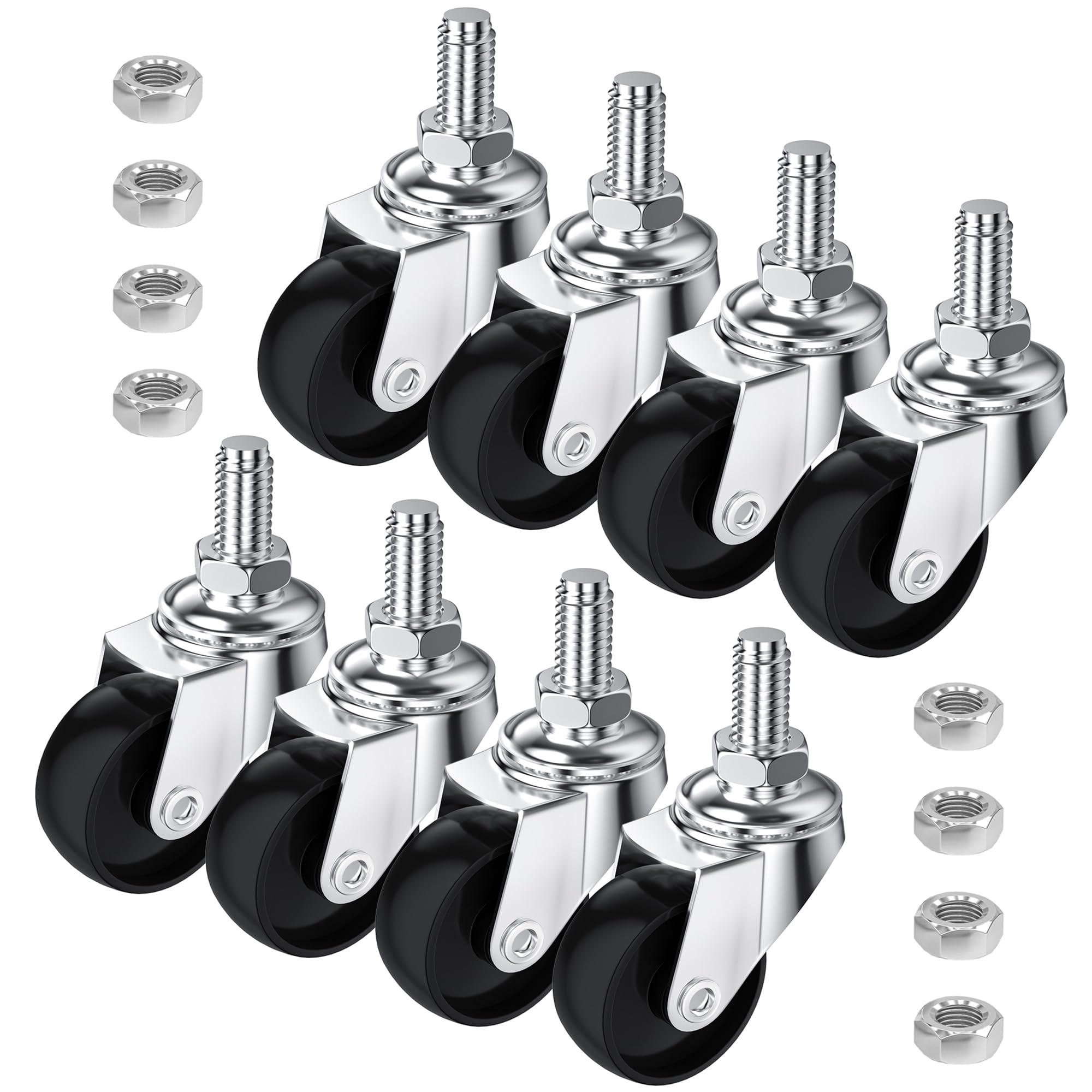 8 PCS Swivel Stem Casters,M8 Black 30mm(1.25 inch) Castor Wheels