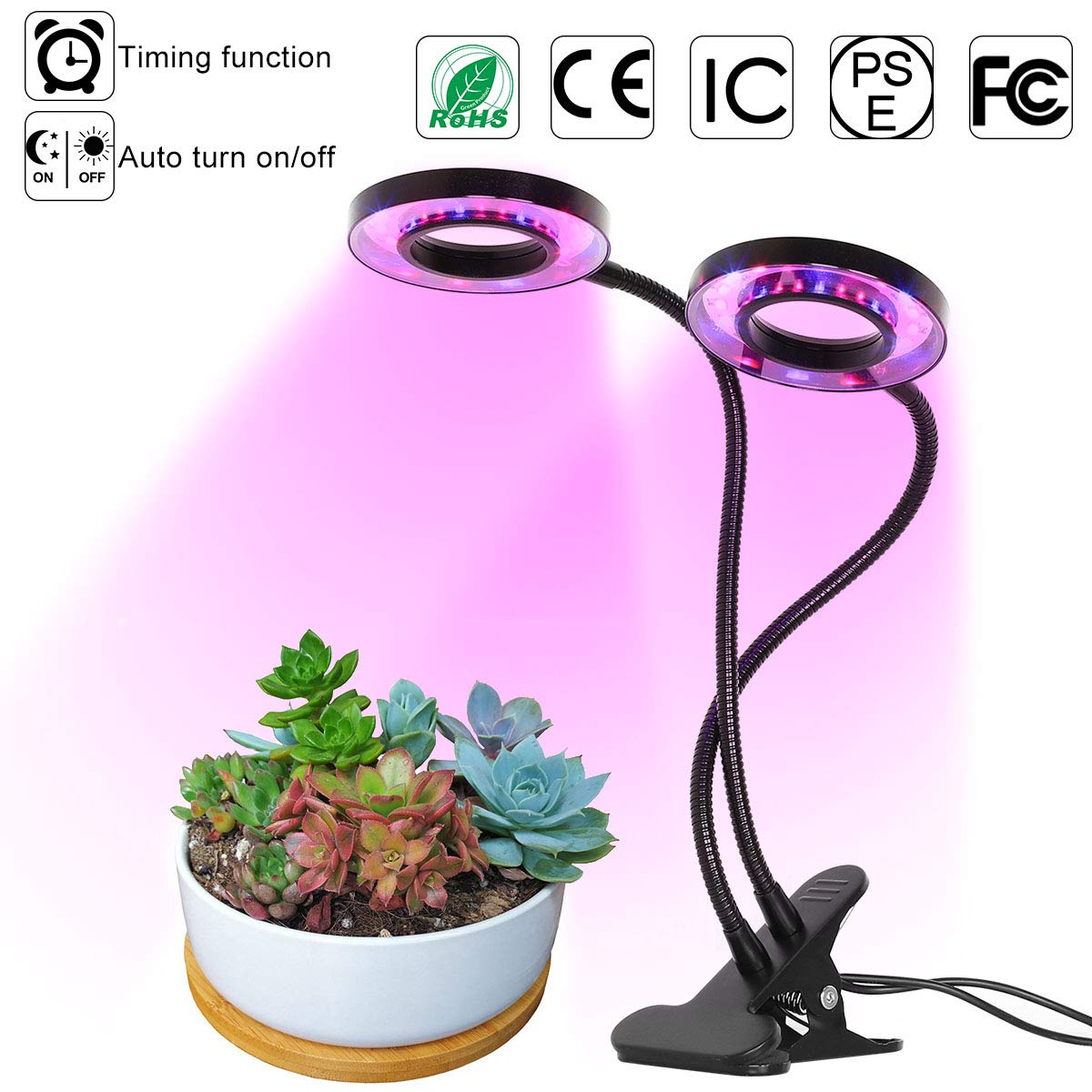 INKERSCOOP Sukkulenten-Licht, 18 W, 36 LEDs, Doppelkopf, 3-6-9-12-15 Timer, 5 dimmbare Stufen, Wachstumslampe, 3 Lichtspektren, wechselt blau/rot/blaues Licht, EU Stecker