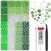 qiipii 28 Types Green Flatback Pearls w B7000 Jewelry Glue for Bedazzling Crafting 3mm 4mm 5mm 6mm 8mm 10mm Flatback Colorful AB Half Pearls Charms for Nails Face Makeup Crafts Tumblers Bottles Shoes