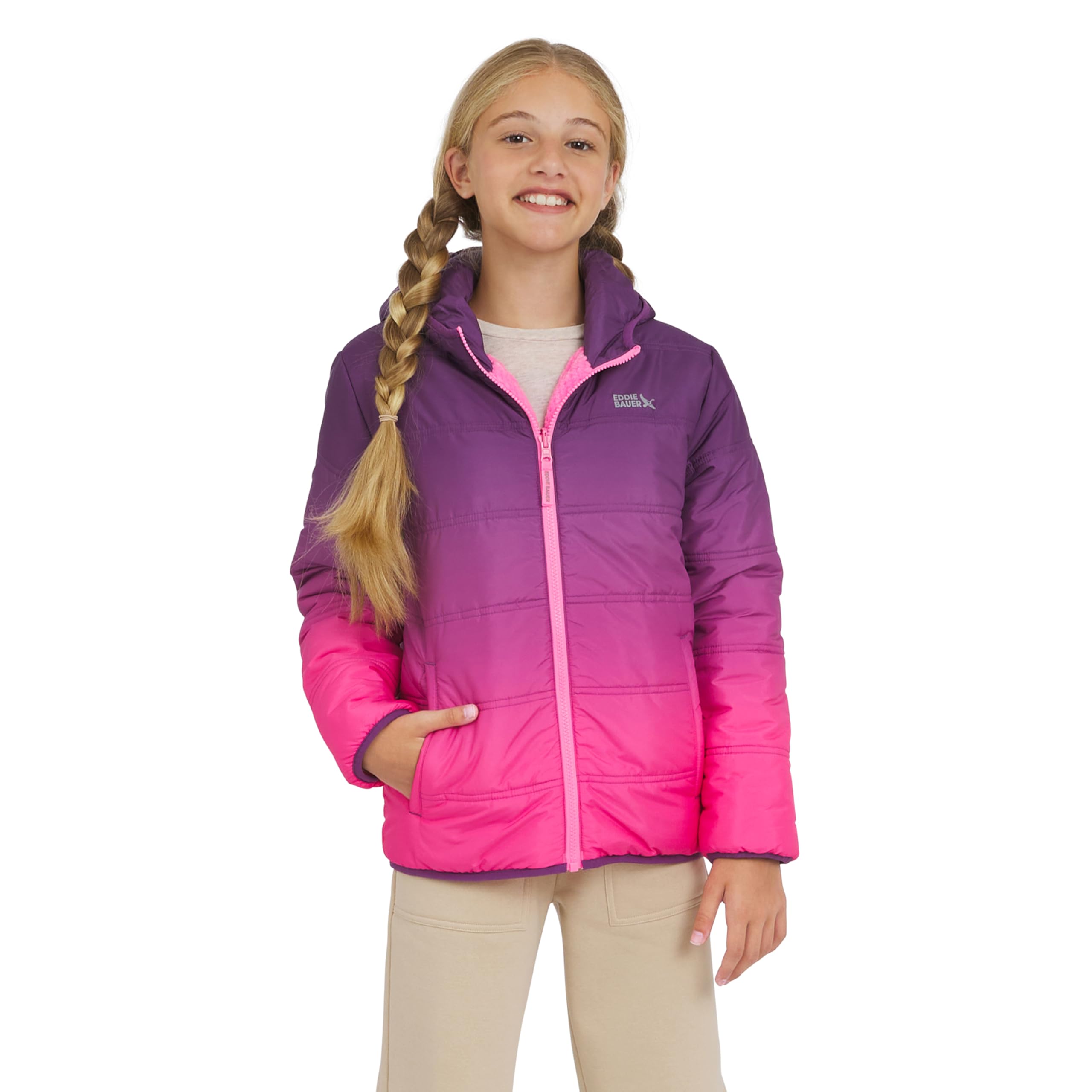 Photo 1 of Eddie Bauer Girls' Deer Harbor Reversible Faux Fur Lined Insulated Puffer Jacket, Deep Orchid, Large