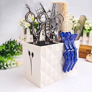 MissLytton Professional Salon Scissors Holder Rack, Hairdresser Scissor Storage Case Keeper, Modern Hairdressing Combs Clips Desktop Desk Organizer Accessories for Hair Stylist Office Home - White
