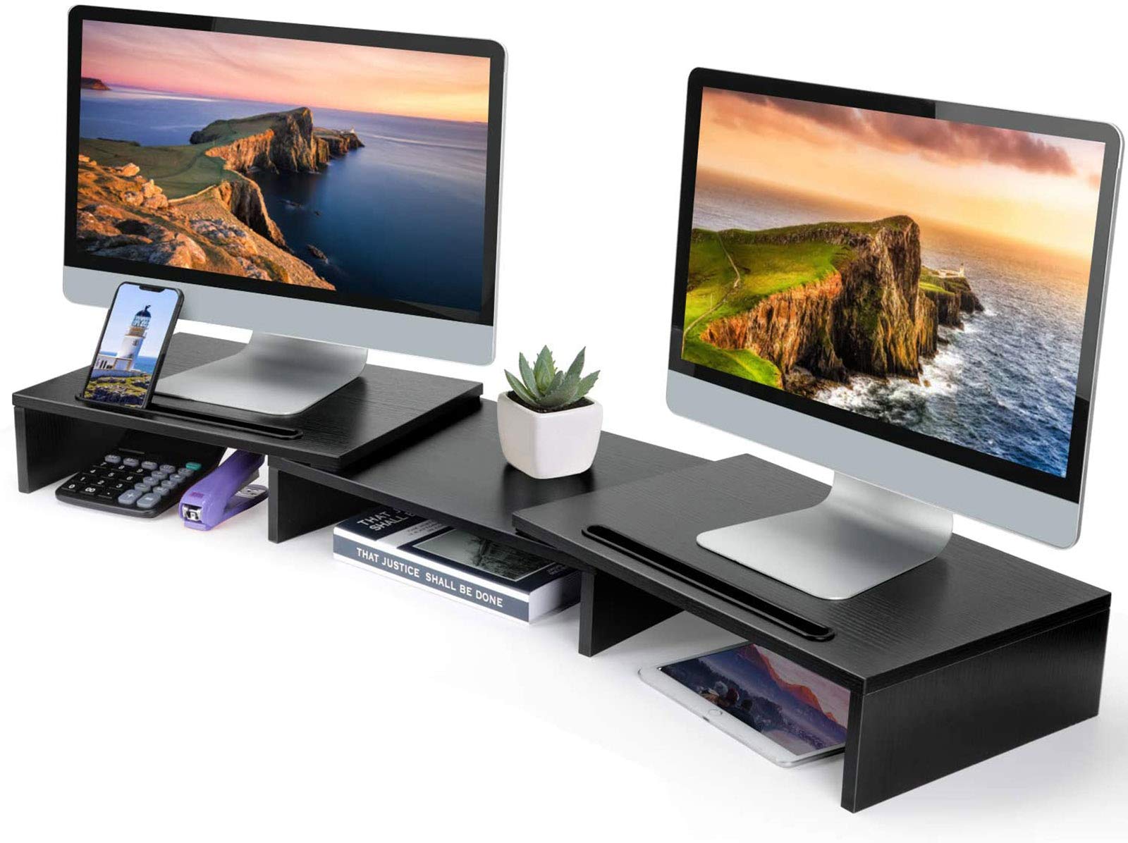 LORYERGO Dual Monitor Stand - Monitor Stand Riser Adjustable Length and Angle, Computer Monitor w/Slot for Tablet & Cellphone?Screen Stand w/Big Storage, Dual Monitor Riser for PC, Computer, Laptop