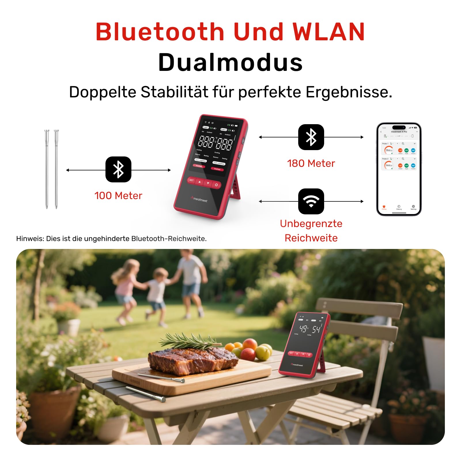 Meatmeet Fleischthermometer kabellos mit Bluetooth & WLAN, 2 Sonden 6 Sensoren, Einteiliges Edelstahldesign, IP69 Wasserdicht, 582°C Hitzebeständigkeit, Grill Ofen Küche Heißluftfritteuse (X Pro) 3