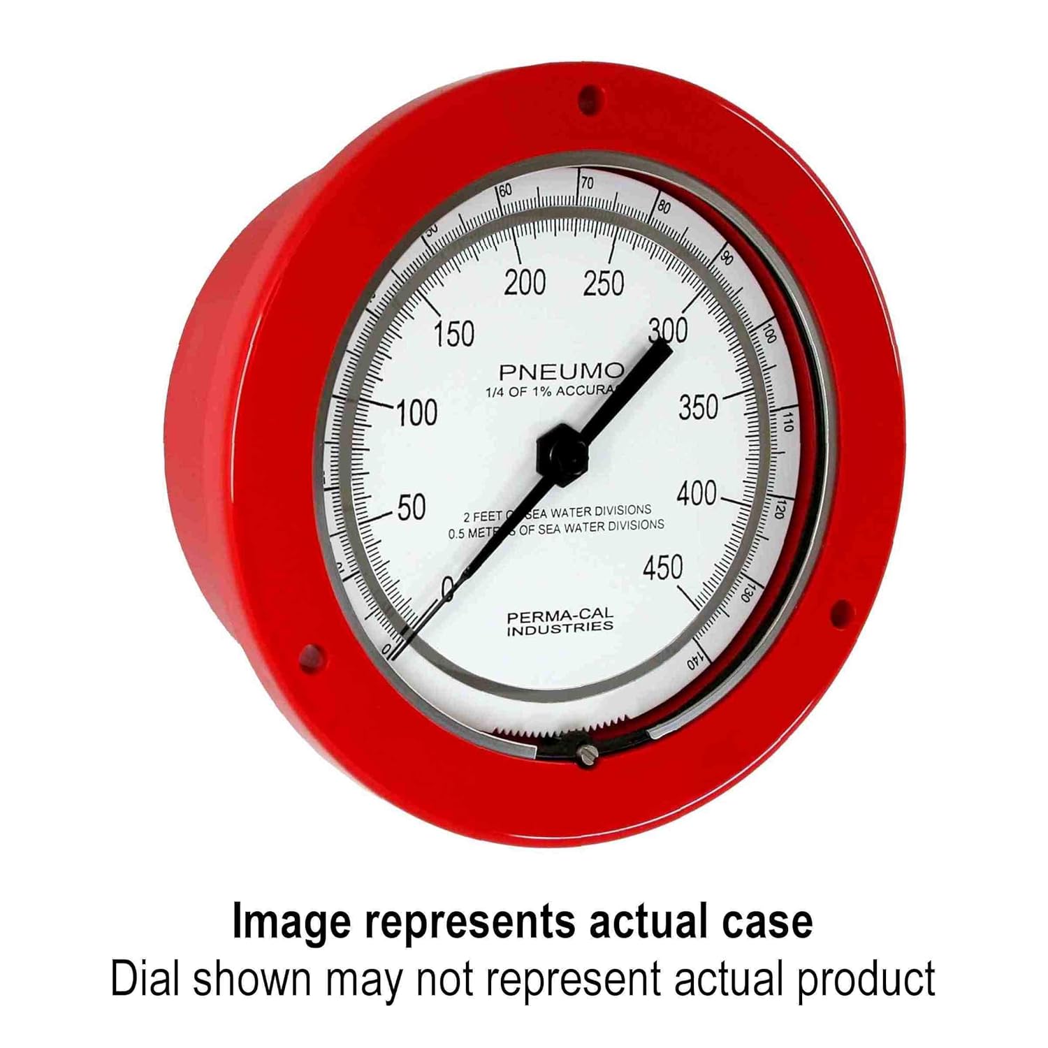 Pneumo Gauge, Sea Water Depth, Gearless, Test, 75|250 MSW|FSW, 4.5" Dial, Red Front Flange, 1/4 NPT Back Mount|PN 201FTM88R01