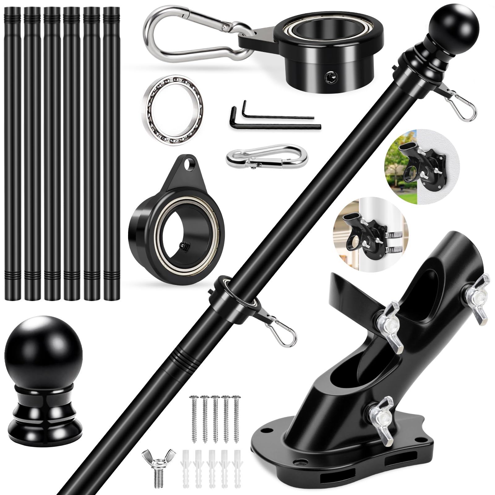 Photo 1 of REERON No Tangle Flag Pole Kit, 7 FT Stainless Steel Flagpole, 1" Porch Flagpole with 2-Position Bracket, 360° Anti-wrap Flag Pole Bearing Rings for Outside House Outdoor Sport for American Flags