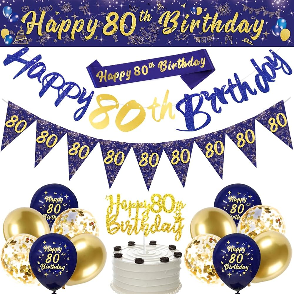 DearLives Navy Blue Gold 80th Birthday Decorations Party Banner Balloons