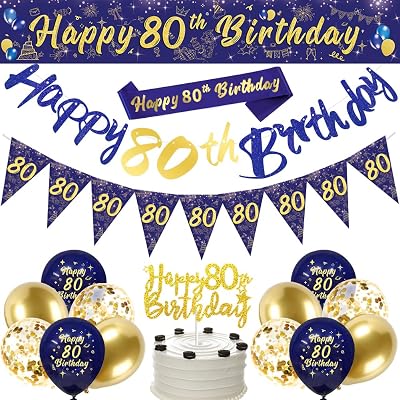 DearLives Navy Blue Gold 80th Birthday Decorations Party Banner Balloons